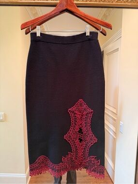 Jonathan Simkhai Black Wool Knit Midi Skirt with Burgundy Lace Trim and Slit